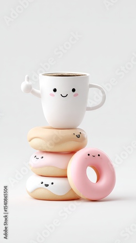 Cute smiling coffee mug and donuts with kawaii faces on white background