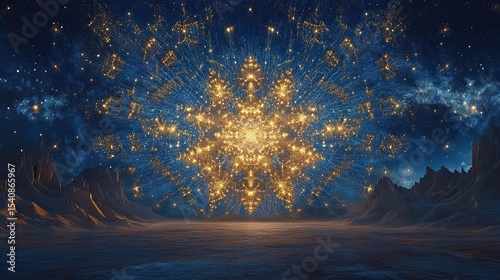 Intricate firework explosions in radiant cobalt blue and gold forming symmetrical patterns