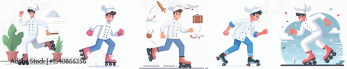 male chef vector playing roller skates