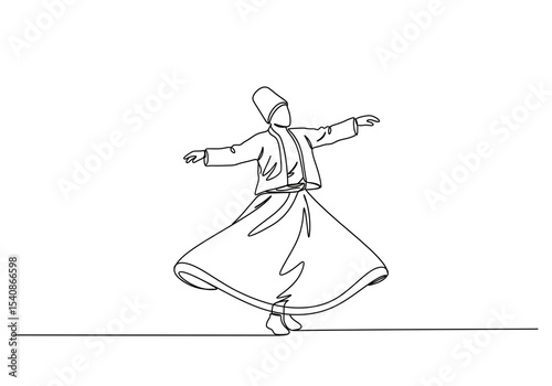 A minimalist line drawing of a whirling dervish in traditional attire performing a sema ceremony