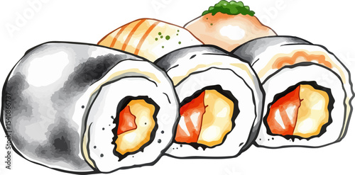 Watercolor vector illustration of sushi.