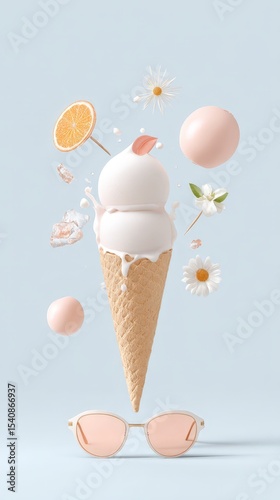 Creative floating ice cream cone with orange and sunglasses on light blue background
