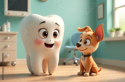 Cartoon tooth figurine with eyes and mouth. The tooth is like in a cartoon with a dog. They are sitting on the floor and talking. They're happy. Dental services for children. dental treatment.