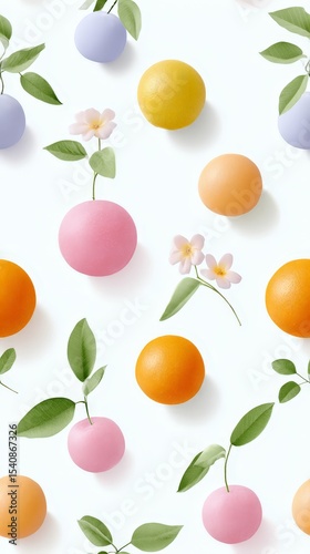 Colorful citrus and floral pattern with leaves on white background