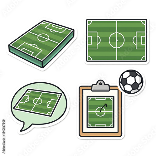 Soccer field illustrations depicting various designs and layouts