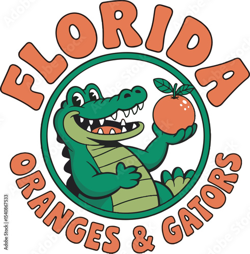 Florida Oranges and Gators Logo Featuring a Cartoon Alligator Holding an Orange vector