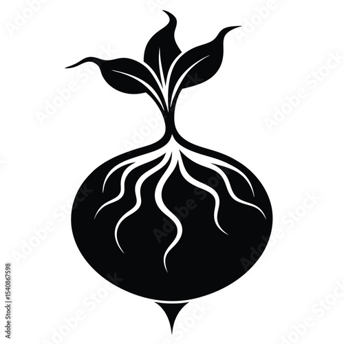 Black and White Radish Illustration with Leaves and Root Strands Graphic Design