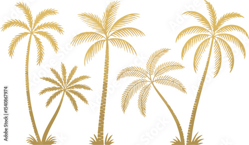 Golden Palm Trees Tropical Illustration Four Silhouettes Watercolor Style Summer Vacation Design Element