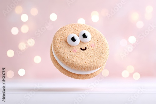 Cute smiling macaron with eyes in whimsical pink bokeh background