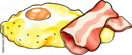 Watercolor vector illustration of fried egg and bacon.