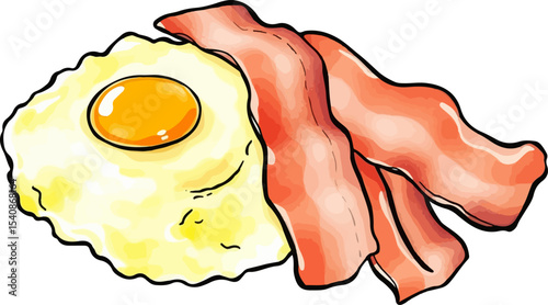 Watercolor vector illustration of fried egg and bacon.