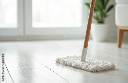 Mop cleaning white wooden floor in light, airy apartment. Modern interior, window background with natural light. Cleaning service, housework, home interior, concept of cleanliness and hygiene. photo