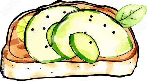 Watercolor vector illustration of sandwich with avocado.