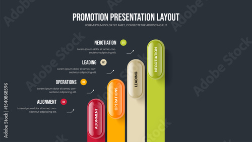 Service Launch Four Element Diagram Presentation Template. Modern Development 4 Step Infographic Slide Layout. Marketing Forecast Frame Design Vector Illustration.