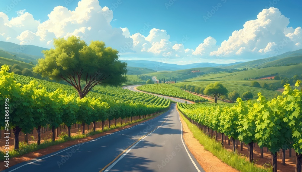 Fototapeta premium Scenic illustration of italian countryside road trip through vineyards, sunny day, panoramic view. Winding road trip through green rural hills, pathway. Blue sky, white clouds. Travel, explore,