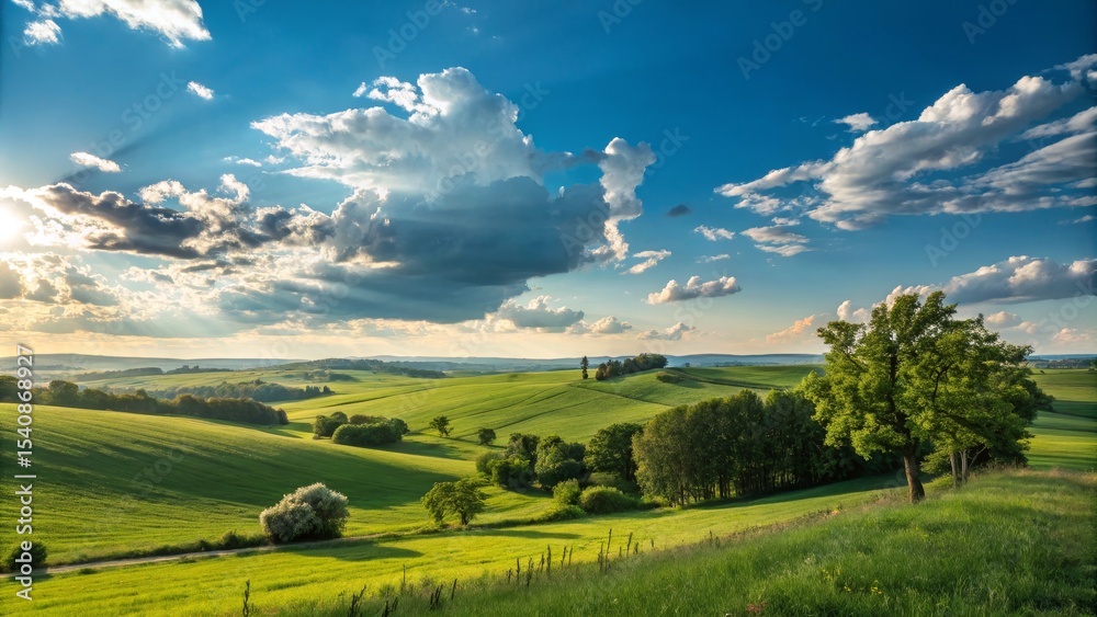 Obraz premium Sunlit Rolling Hills Landscape Dramatic Cloudscape, Green Fields, Wide Composition, Nature Photography, Rural Scenery Keywords Landscape, Nature