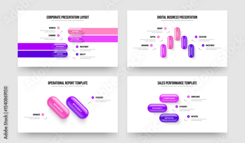 Visual Proposal 4 5 2 3 Element Infographic Slideshow Design Bundle. Creative Forecast Four Five Two Three Step Diagram Slide Layout Vector Illustration Set.