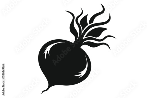 Stylized Black Silhouette of a Turnip Root Vegetable with Curving Leafy Tops