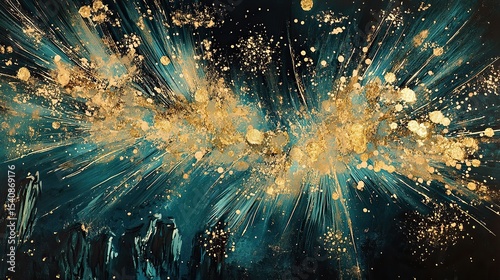Magnificent firework streams exploding in iridescent shades of gold and teal
