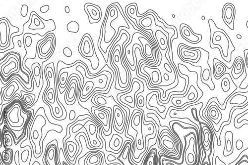 Minimalist topographic contour lines on a clean white background, smooth elevation curves, black fine lines, abstract geographic map style, elevation lines forming organic shapes, high contrast.