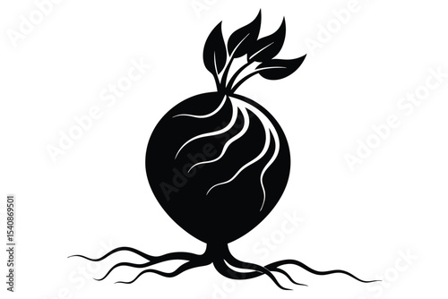 Stylized Silhouette of a Root Vegetable with Leaves and Intricate Root System