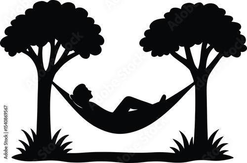 Silhouette person relaxing in hammock between trees vector illustration