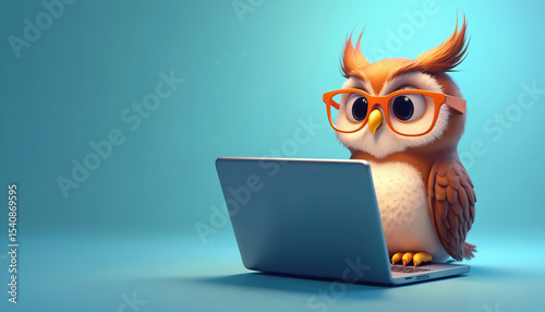 Cute owl wearing glasses studying laptop, blue background. Smart bird using notebook for online research, working at office, home, student. Education, learning, work, technology concept.