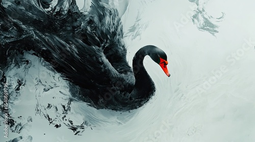 Fototapeta Naklejka Na Ścianę i Meble -  A black swan floating serenely with its dramatic red beak glowing in stark contrast against its glossy dark feathers on white