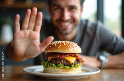 Man resists temptation of delicious hamburger. Burger with cheese bacon lettuce on white plate. Desire for unhealthy fast food, willpower diet struggle.