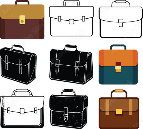 Briefcase Icons Collection: A set of diverse briefcase icons in various styles and colors, including brown, beige, black, white, and orange, perfect for business presentations, websites.