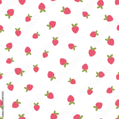Seamless strawberry pattern cute cartoon hand drawn red pink sweet berries on white background. Summer organic fruit abstract vector illustration wallpaper