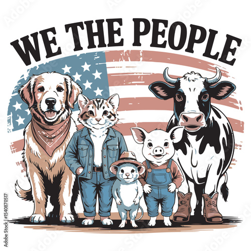 We The People Patriotic Illustration Featuring Golden Retriever Cat Pig and Cow in Denim and Americana Style