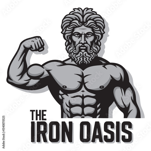 "The Iron Oasis" Muscular Zeus Vector Logo - Olympian God of Strength Fitness Emblem.