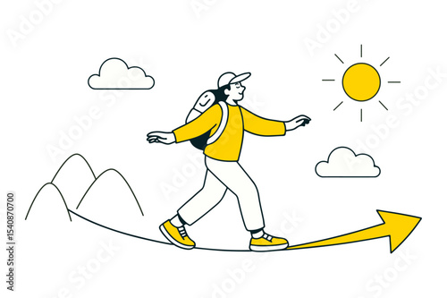 A person of European descent is hiking on a trail, enjoying the outdoors with mountains and clouds in the background under a sun.
