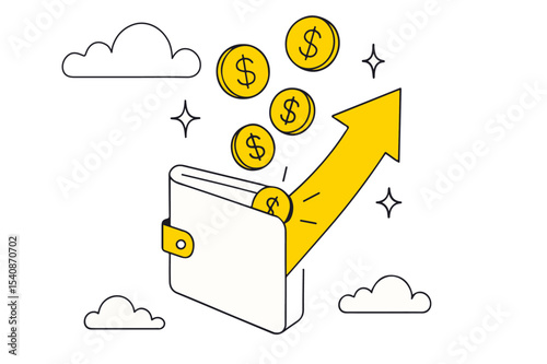 An illustration of a wallet with coins flying out, symbolizing financial growth. The design uses a modern flat style with cheerful colors and shapes.