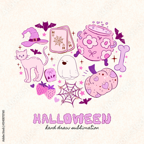 coquette Halloween in heart sharp sublimation clipart, vector spooky happy holiday text kit, creepy ghost shape, skeleton. Smiling pumpkin, witch hat, black cat cemetery gate tombstone grave, vintage