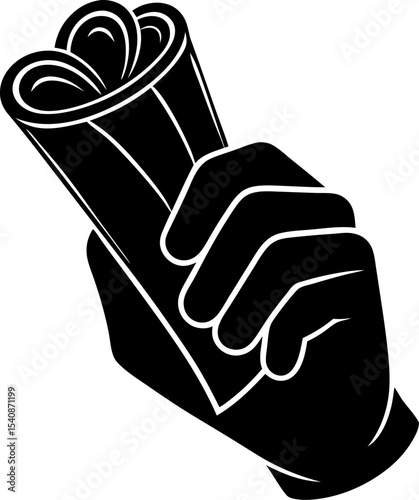 A hand gripping a rolled up paper or document in a clean black and white graphic style