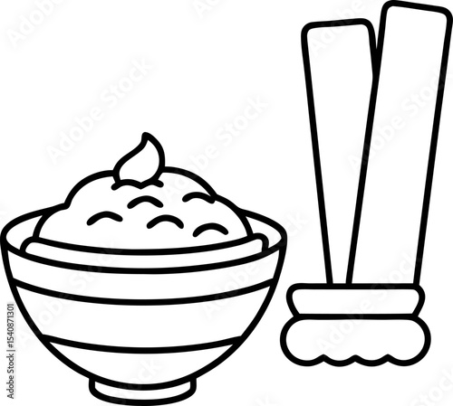 Simple black and white line art depicting a bowl of hummus served with fresh celery sticks a healthy snack