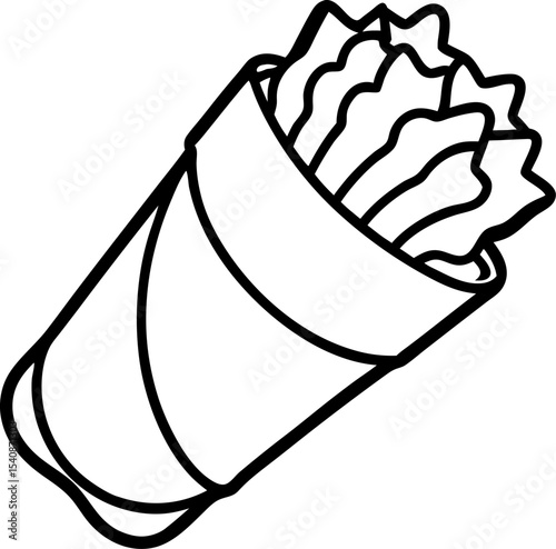 Simple line art illustration of a freshly wrapped burrito featuring visible ingredients on a white background