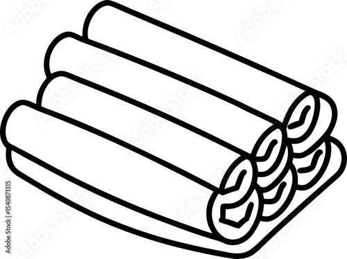 Simple line art illustration of rolled food placed on a serving plate depicting culinary dishes