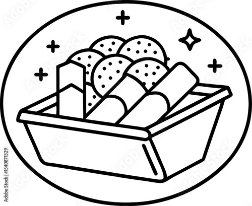 Vector illustration of a food tray containing assorted snacks and pastries presented within a decorative circular border for a minimalistic and versatile design.