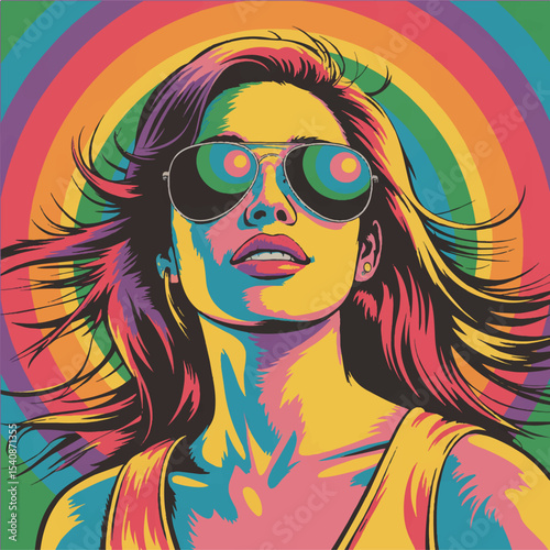 Colorful bright illustration of a glamorous girl in sunglasses in the style of the 80s. Vector graphics. EPS.