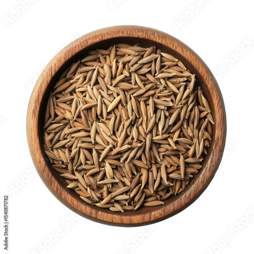 Cumin seeds displayed in a wooden bowl isolated on a Transparent background for culinary uses, cumin seeds in plateisolated on PNG background