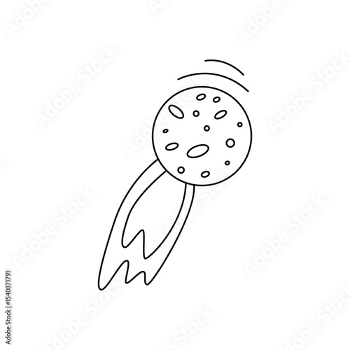Hand Drawn Comet Planet Doodle Line Art. Outline Vector Illustration. Isolated on White Background.