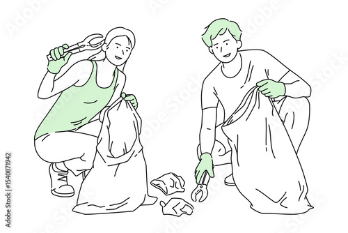 Two young volunteers are cleaning the beach, they are collecting plastic waste with gloves and trash picker