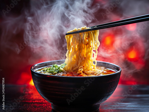 Steaming bowl of spicy ramen noodles