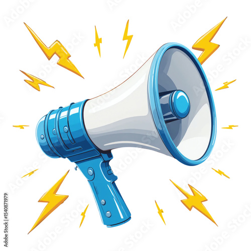 Blue loudspeaker with sound waves and yellow lightning bolts isolated on transparent background