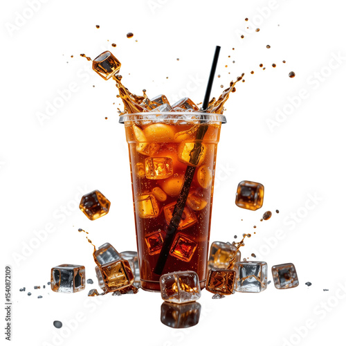 Splashing glass of cold cola with ice cubes and bubbles isolated on transparent background