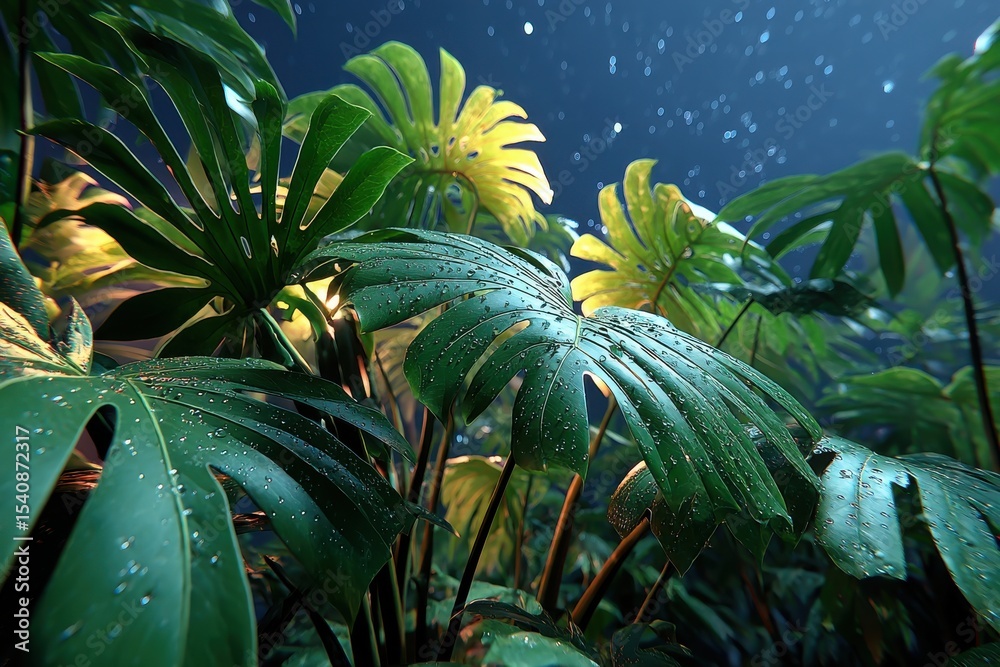 Fototapeta premium Lush monstera leaves illuminated by magical glowing lights in tropical setting