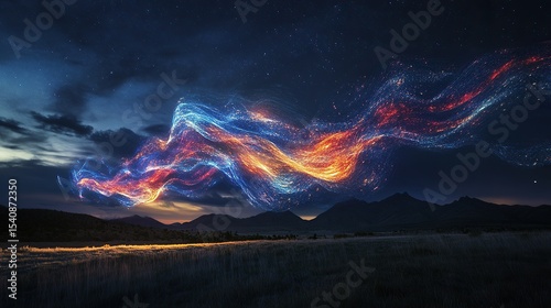 Multicolored firework ribbons unravel into glowing plasma waves